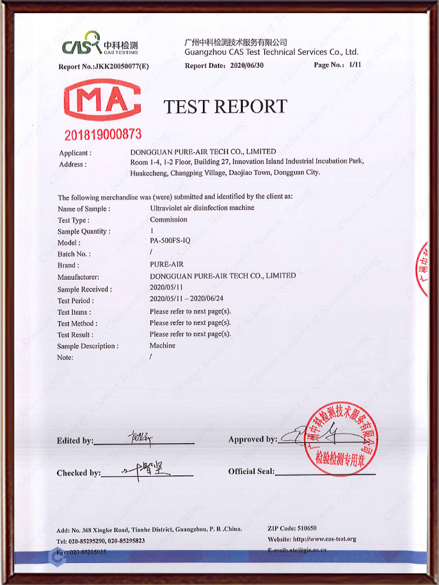 PURE-AIR TEST REPORT